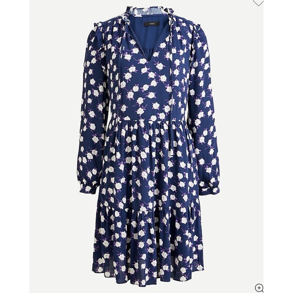 J. Crew Tie Neck‎ Tiered Dress Women's XS Blue Scattered Peony Floral Feminine